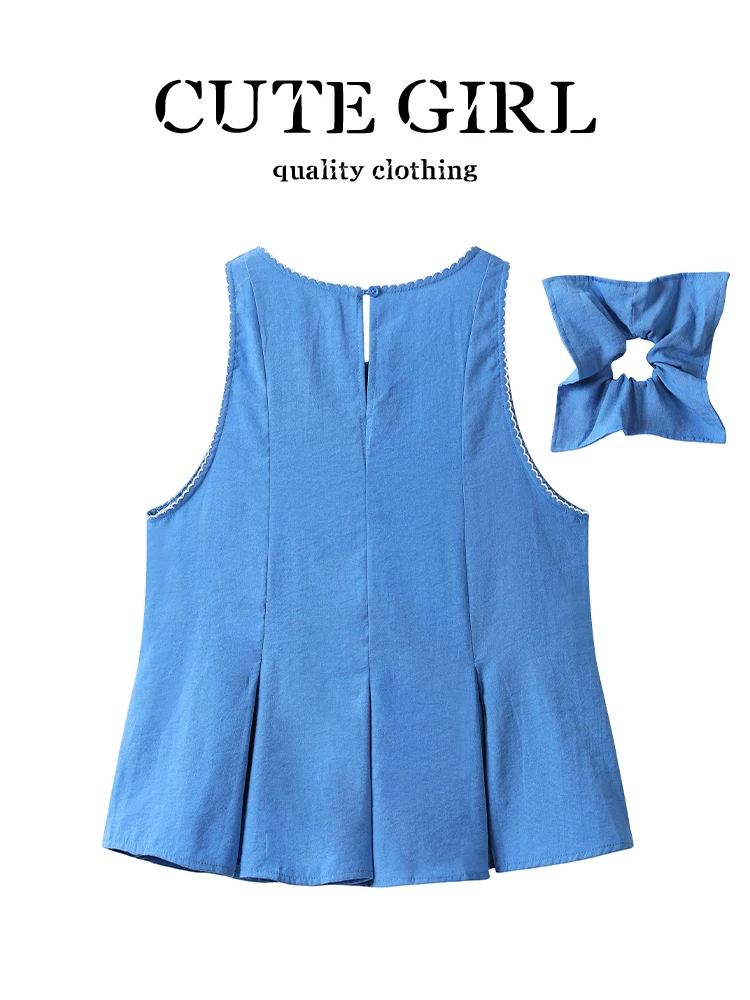 CuteGirl Thiết kế Hàn Quốc phối màu tương phản ren màu xanh vest không tay mùa hè dành cho nữ trang phục công sở thanh lịch áo xếp ly