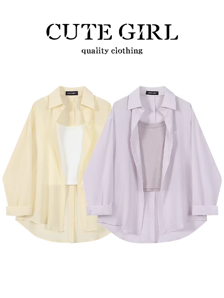 CuteGirl Áo chống nắng màu tím phong cách giản dị phong cách Hàn Quốc với áo hai dây Bộ đồ hai mảnh dành cho nữ vào mùa xuân