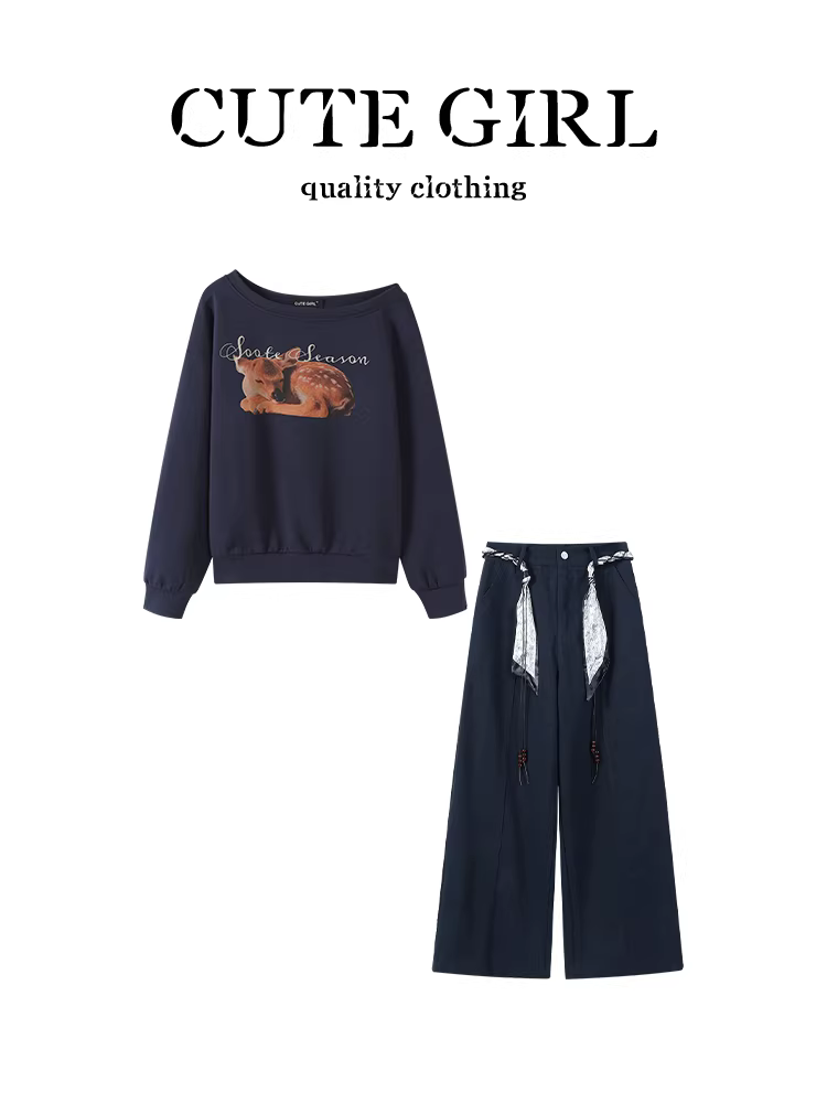 Bộ trang phục cao cấp và sành điệu của CuteGirl dành cho nữ, áo len in họa tiết trễ vai mùa thu và quần ống rộng lưng cao hai mảnh