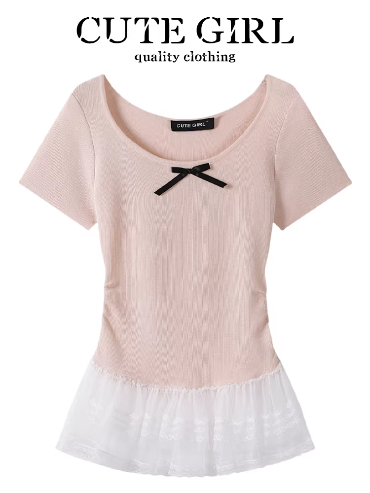 Áo thun ngắn tay dệt kim họa tiết hoa phối ren kiểu Pháp dễ thương dành cho nữ, áo thun thắt eo mùa hè có nơ thon gọn