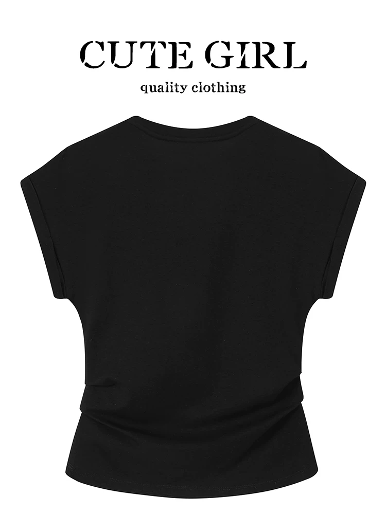 CuteGirl thiết kế áo camisole ren chắp vá giả hai mảnh áo thun ngắn tay dành cho nữ mùa hè cổ tròn in hình hàng đầu hợp thời trang