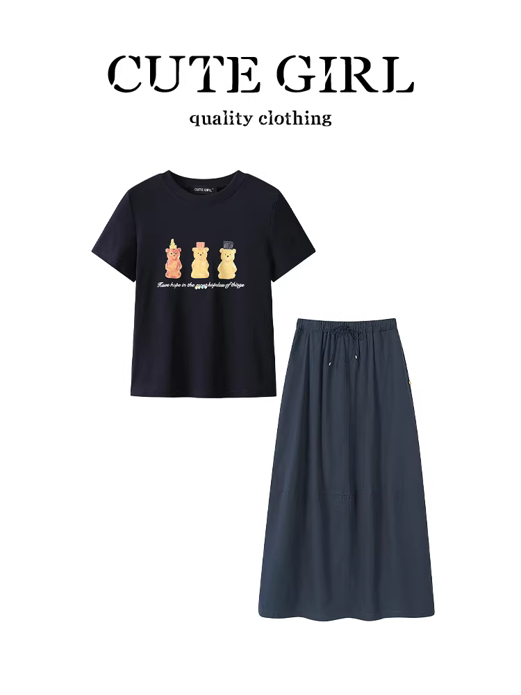 Bộ trang phục giảm tuổi mùa hè CuteGirl dành cho nữ, áo thun in hình gấu, váy chữ A lưng cao, bộ hai món