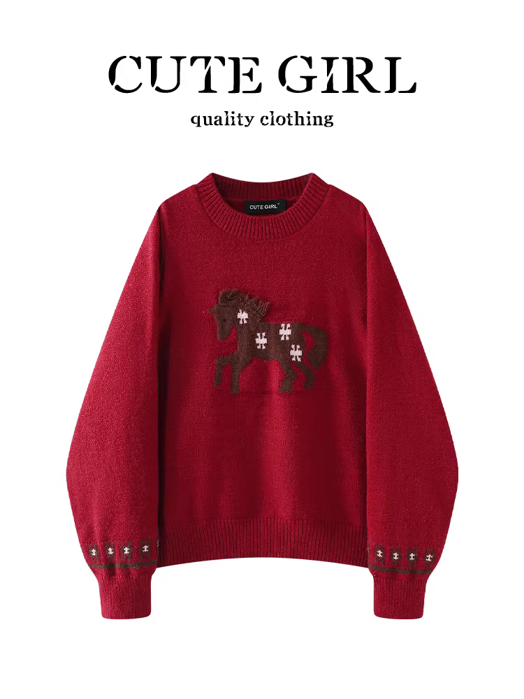 Áo len cổ tròn họa tiết hoạt hình màu đỏ phong cách Hàn Quốc dành cho nữ, phong cách Giáng sinh mùa đông, dáng rộng và đa năng, áo độc đáo