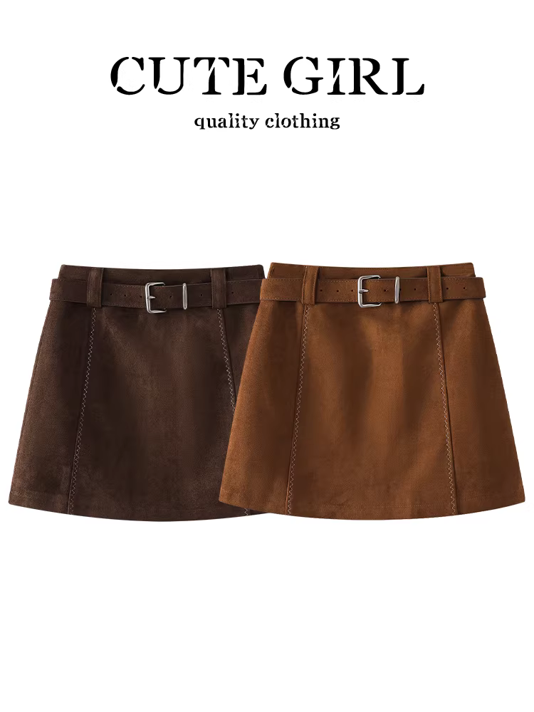 Váy chữ A màu hạt dẻ kiểu chuồng trại dễ thương có thắt lưng dành cho nữ, váy ngắn đa năng eo cao thanh lịch mùa thu