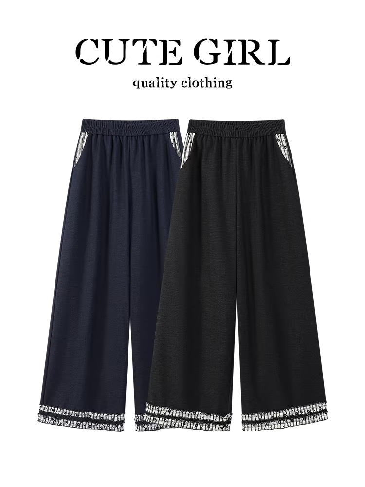 Quần jean ống rộng phối ren lưng thun màu đen sành điệu dành cho nữ, quần ống đứng đa năng cạp cao giảm béo mùa thu