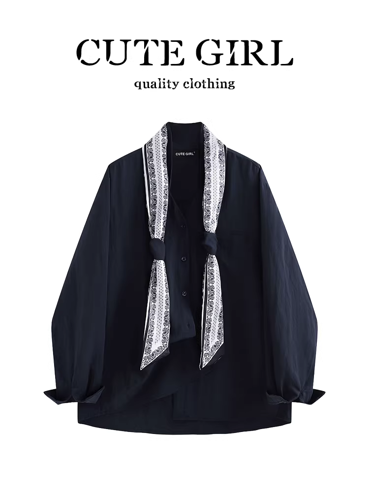 Áo sơ mi màu xanh hải quân cao cấp phong cách Pháp có khăn quàng cổ, cổ chữ V, áo sơ mi dài tay thanh lịch mùa thu dành cho nữ