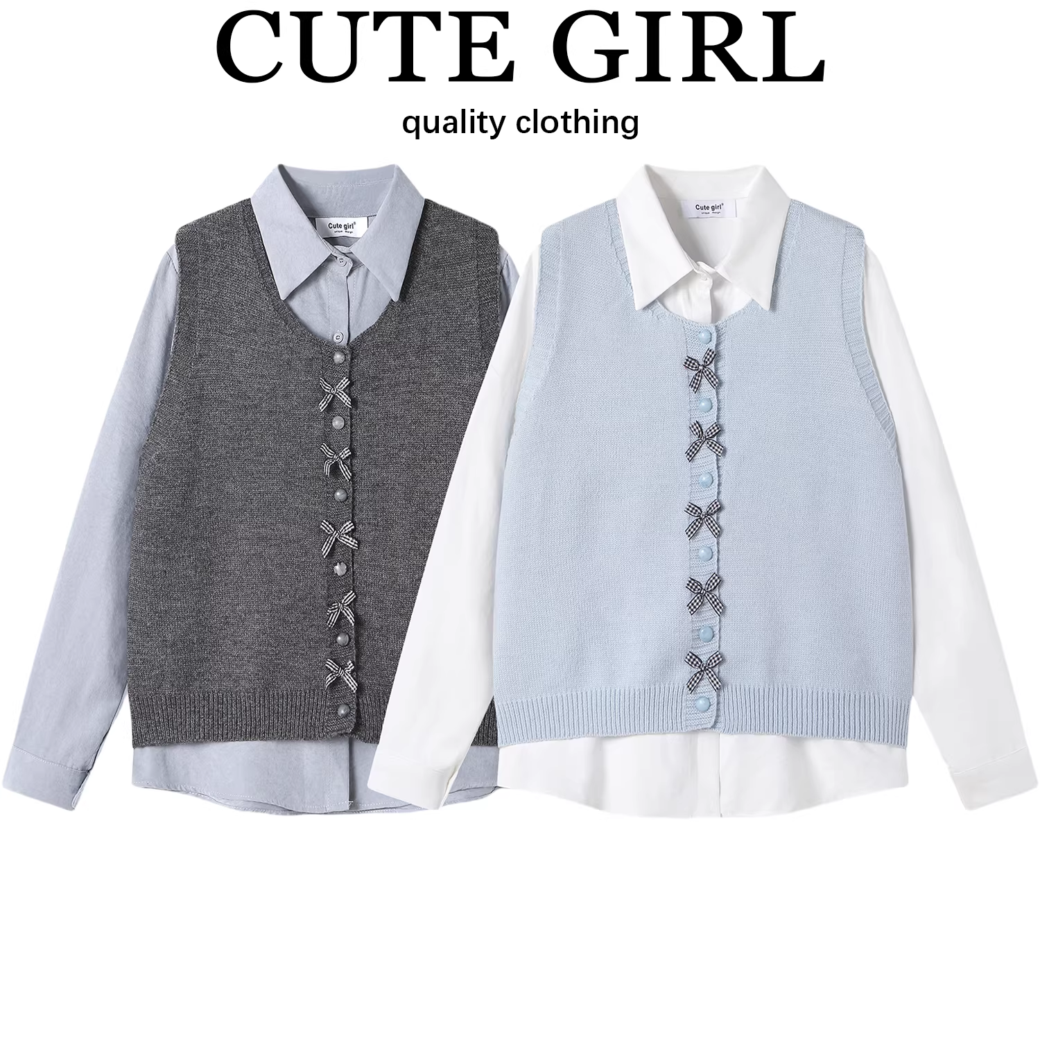 CuteGirl phong cách preppy áo vest dệt kim nơ cổ điển dành cho nữ mùa xuân áo sơ mi dài tay màu trắng bộ hai món
