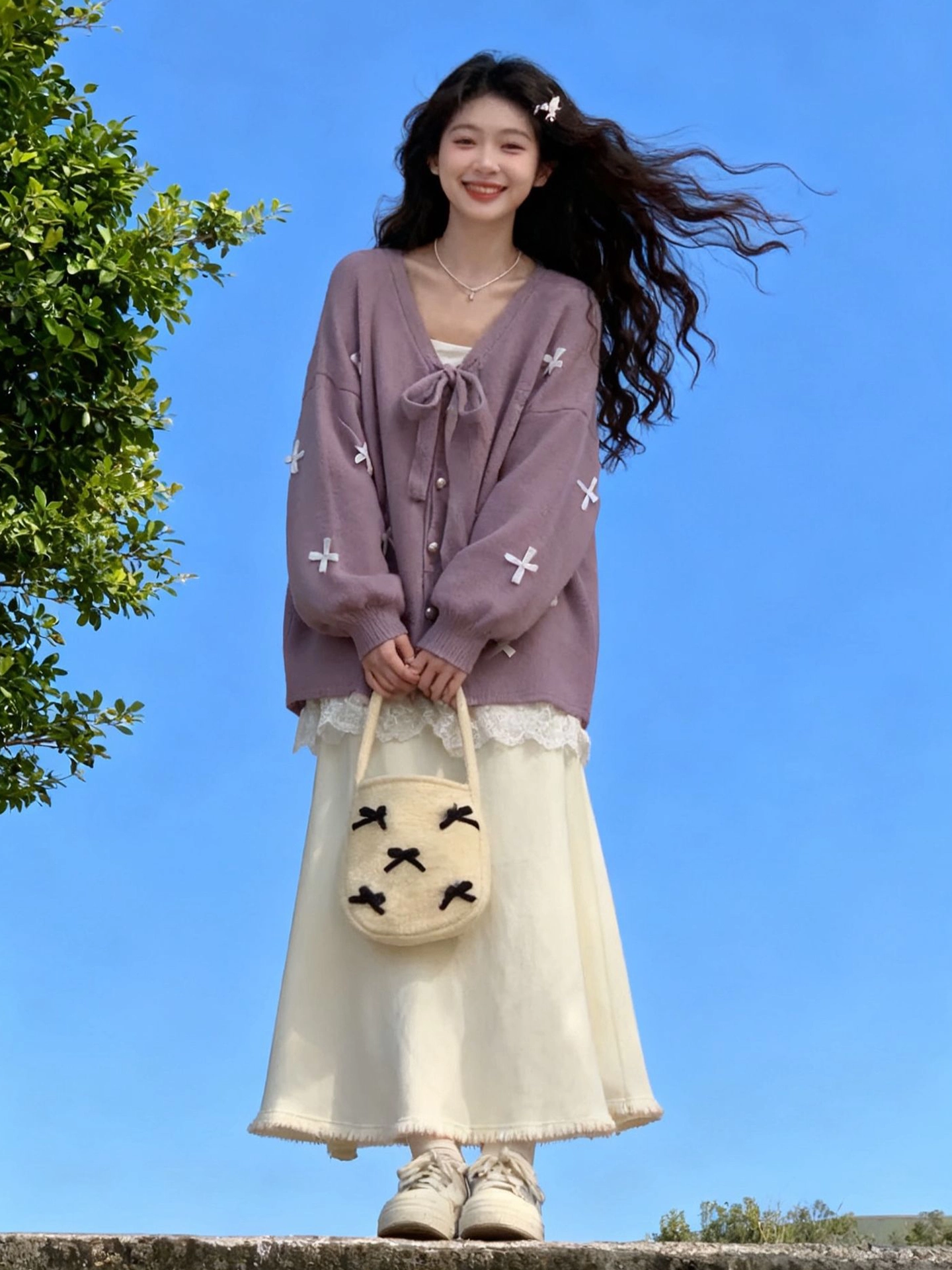 Áo len cardigan giả hai mảnh màu đỏ lấy cảm hứng từ thiết kế CuteGirl dành cho nữ áo khoác dệt kim có nút thắt nơ đầu xuân