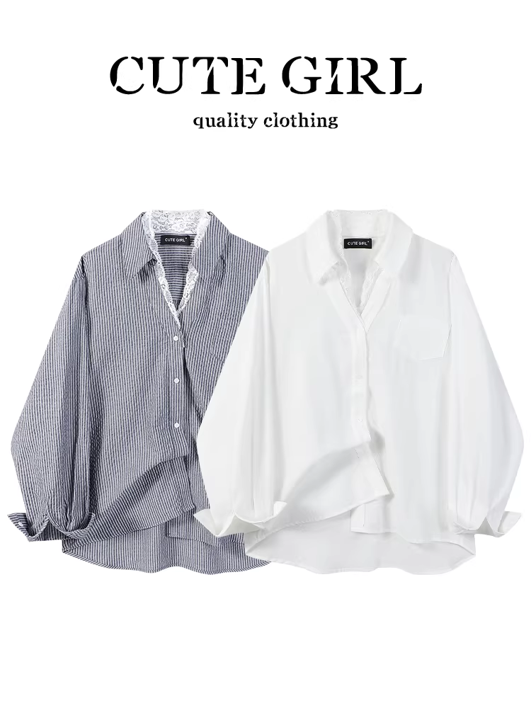 Áo sơ mi dài tay cổ chữ V phối ren thiết kế độc đáo của CuteGirl dành cho nữ, áo sơ mi dáng rộng đa năng cho mùa thu.
