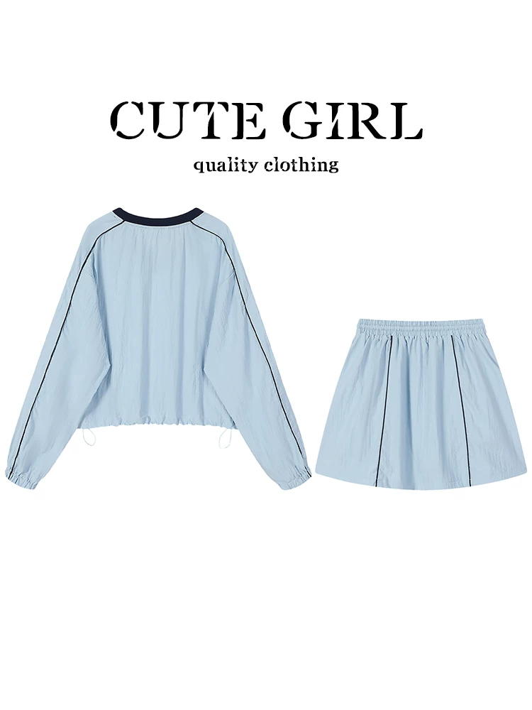 Bộ trang phục mùa xuân CuteGirl dành cho nữ, áo chui đầu cổ chữ V phối màu mùa xuân chống nắng và váy thường ngày hai mảnh