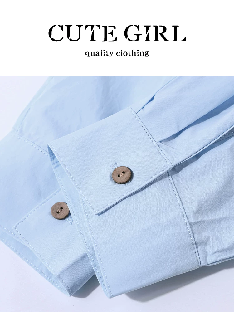 Áo sơ mi dài tay cổ polo màu xanh phong cách Hàn Quốc dành cho nữ, thiết kế mùa thu, thích hợp, dáng rộng, đa năng, áo đi làm