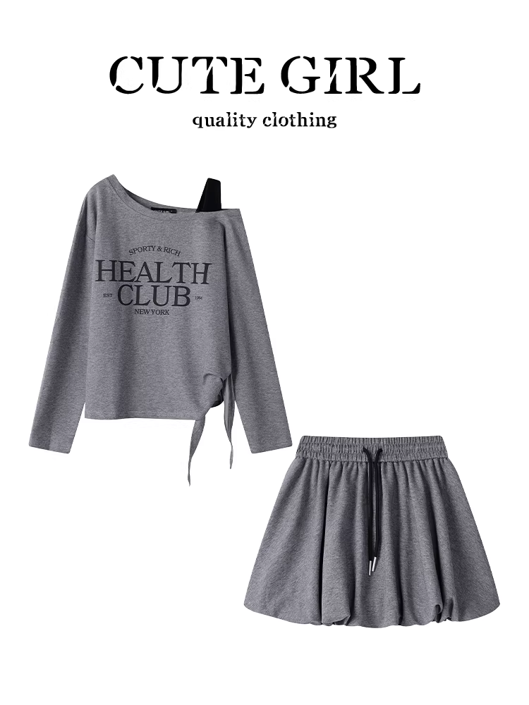 CuteGirl phong cách lười biếng áo len buộc dây bất đối xứng kiểu dáng mùa thu dành cho nữ váy nửa thân co giãn eo thun hai mảnh