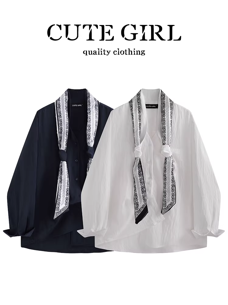 Áo sơ mi trắng dài tay cổ polo thanh lịch phong cách Pháp dành cho nữ, áo sơ mi khăn quàng cổ đơn giản đa năng mùa thu
