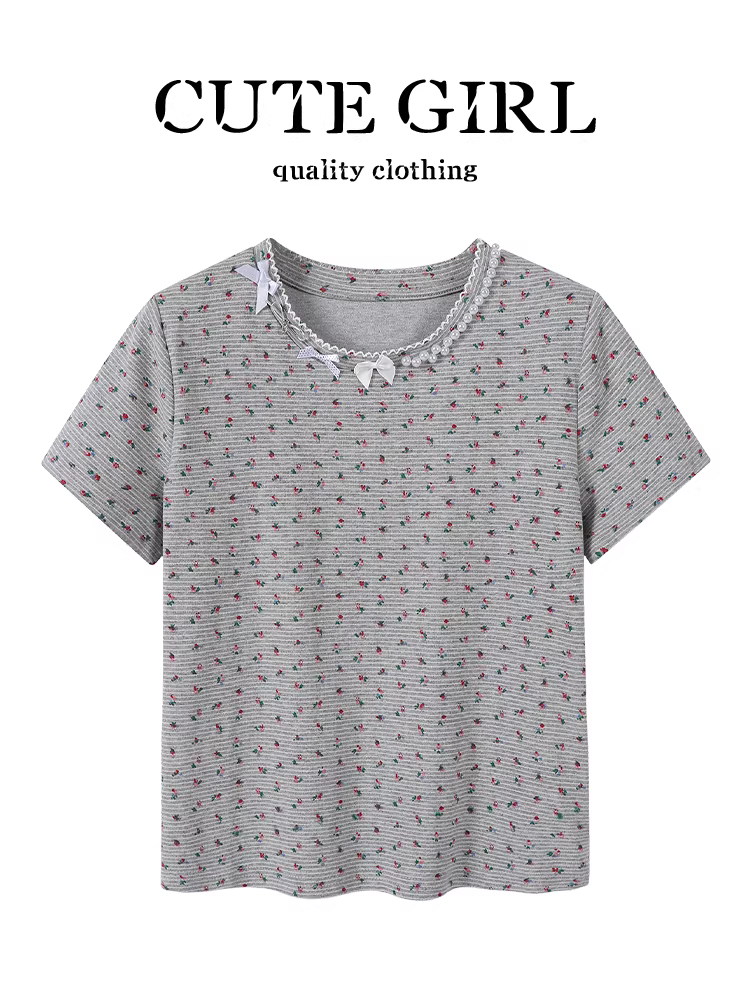 Áo thun ngắn tay cổ tròn phối nơ ngọc trai ngọt ngào của CuteGirl dành cho nữ mùa hè áo sọc hoa