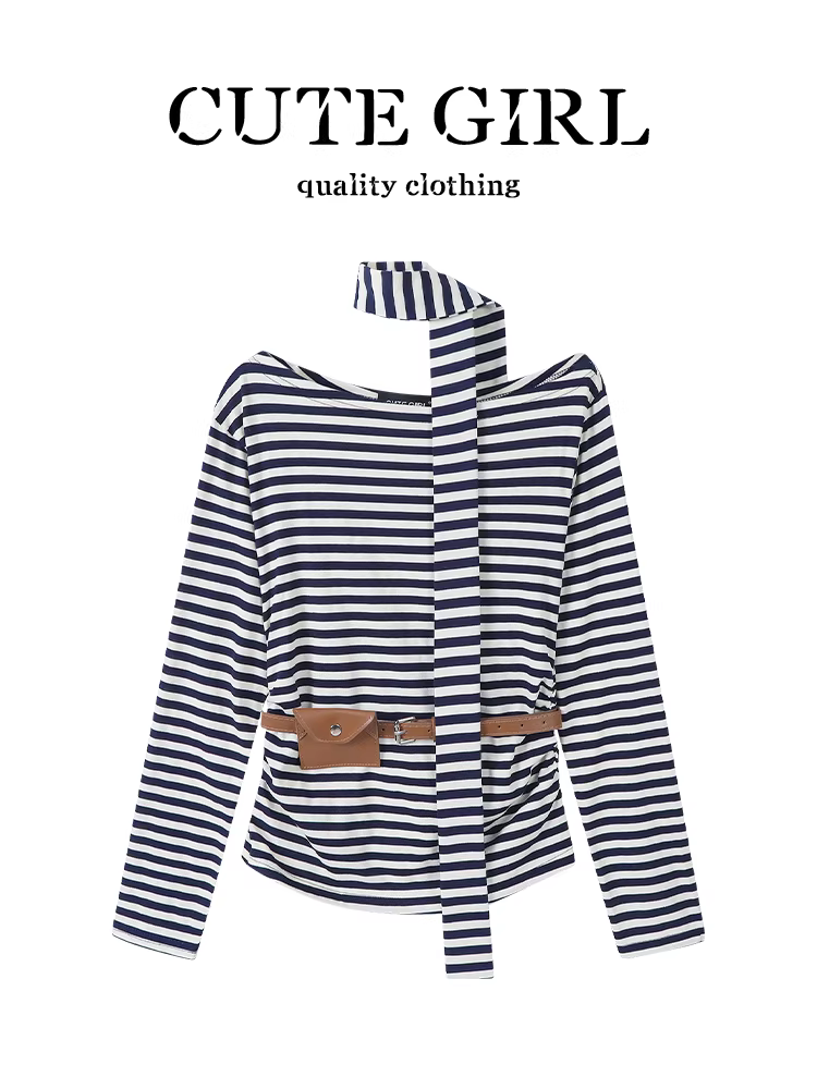 Áo thun dài tay sọc lệch vai phong cách Hàn Quốc dành cho nữ, thiết kế mùa thu, dáng ôm, áo thắt lưng đa năng