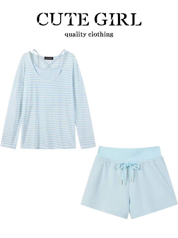 Bộ phong cách thoải mái của CuteGirl dành cho nữ, áo thun sọc xanh mùa hè có dây đeo và quần short ống rộng Bộ ba món