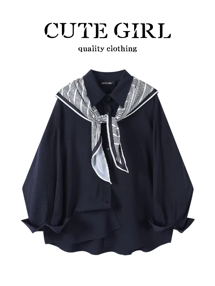 Áo sơ mi dài tay cổ polo phong cách retro Hàn Quốc có khăn choàng cổ cho nữ, áo sơ mi dáng rộng thanh lịch mùa thu đa năng độc đáo