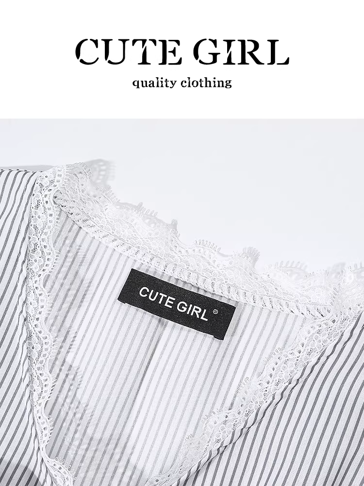 Áo sơ mi sọc ngắn tay viền ren phong cách Pháp dễ thương dành cho nữ, áo thun dáng ôm mùa hè có nơ