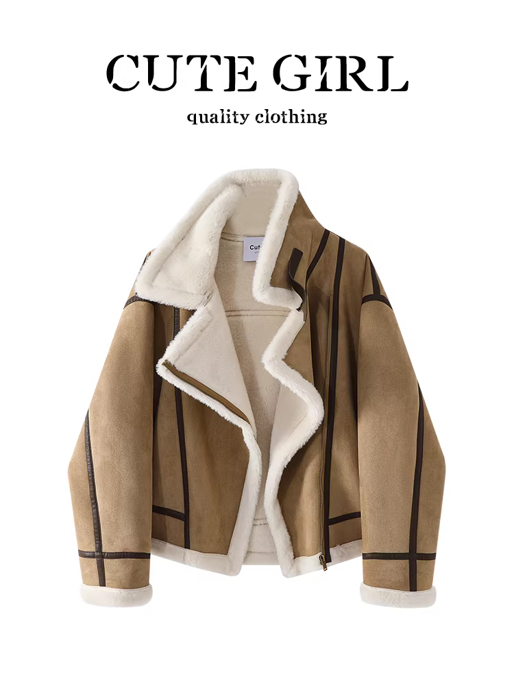 Áo khoác da lộn màu kaki cổ điển CuteGirl dành cho nữ trong mùa thu đông, áo khoác đi xe máy đa năng, dáng rộng, phong cách giản dị