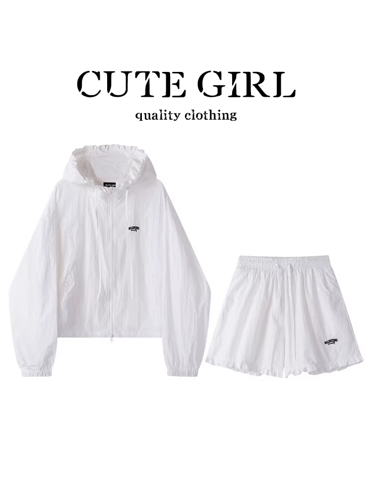 Áo khoác chống nắng có mũ trùm đầu màu trắng thêu phong cách Hàn Quốc dành cho nữ, quần short lưng cao co giãn mùa hè Bộ hai món