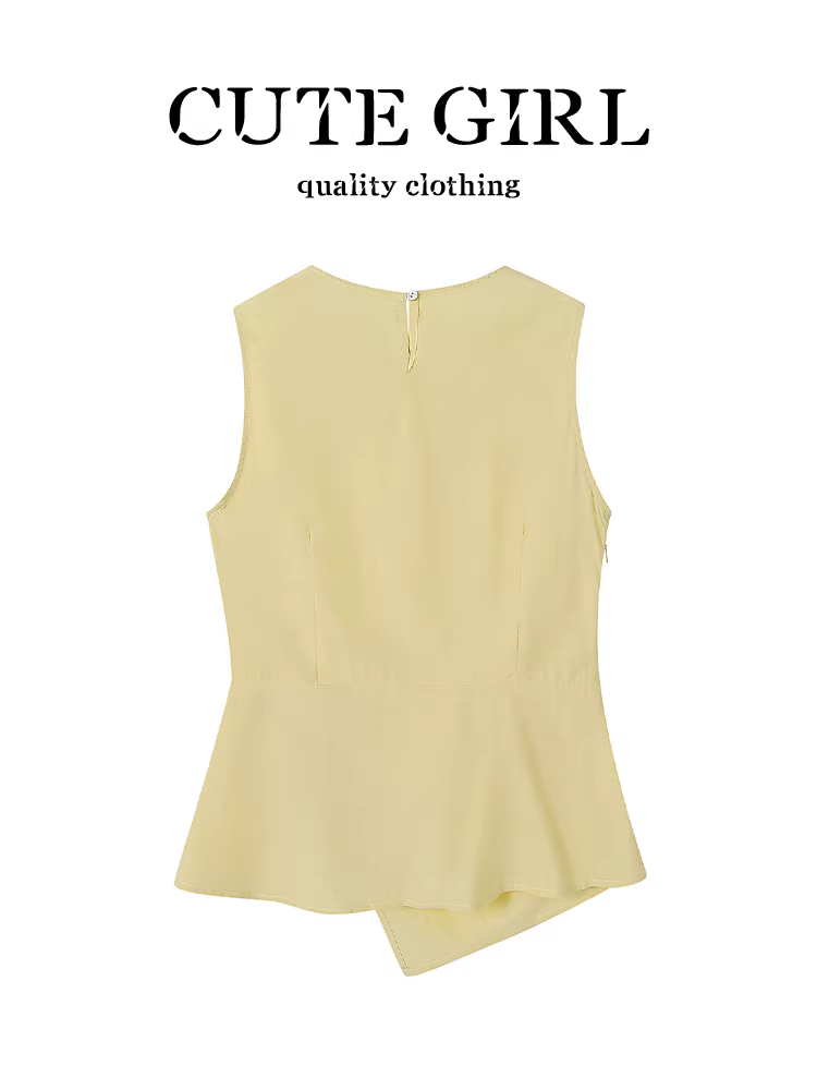 Áo sơ mi không tay xếp ly cổ tròn bất đối xứng phong cách Pháp CuteGirl dành cho nữ mùa hè thiết kế độc đáo áo ôm eo