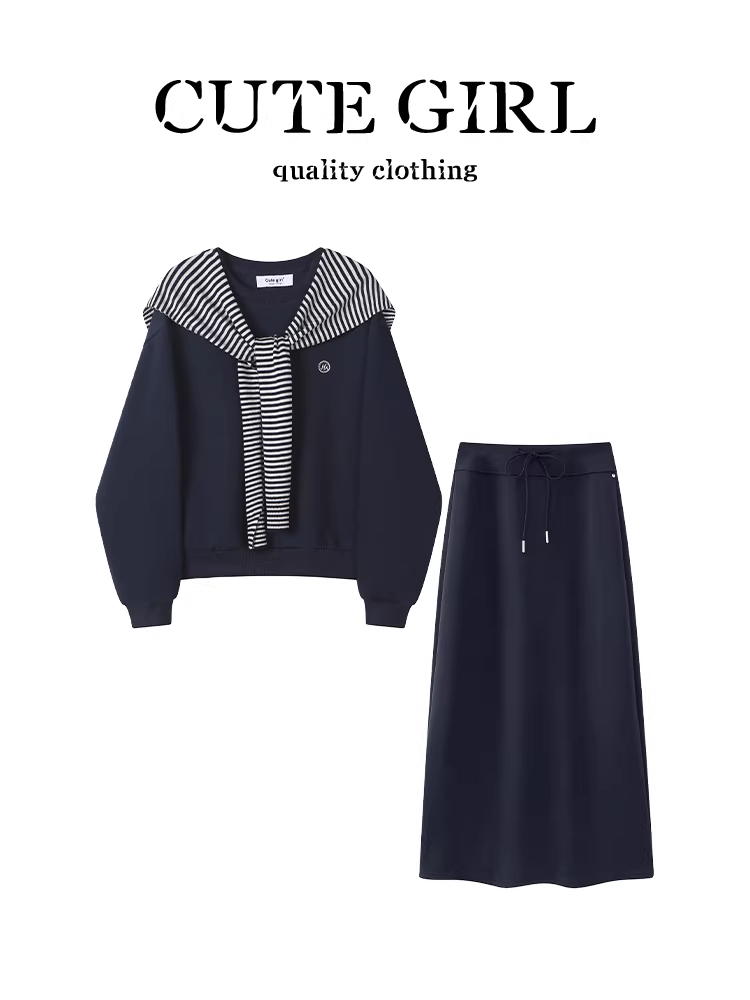 Bộ trang phục hoàn chỉnh phong cách Hàn Quốc của CuteGirl dành cho nữ trong mùa thu, bộ áo len và váy sọc xanh hải quân.
