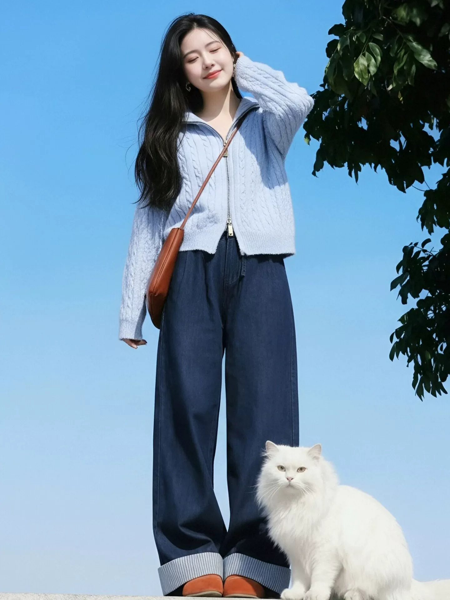 Áo cardigan dệt kim có dây kéo đôi màu xanh lam phong cách Hàn Quốc dành cho nữ, áo khoác dệt kim đa năng giảm tuổi xuân đầu xuân