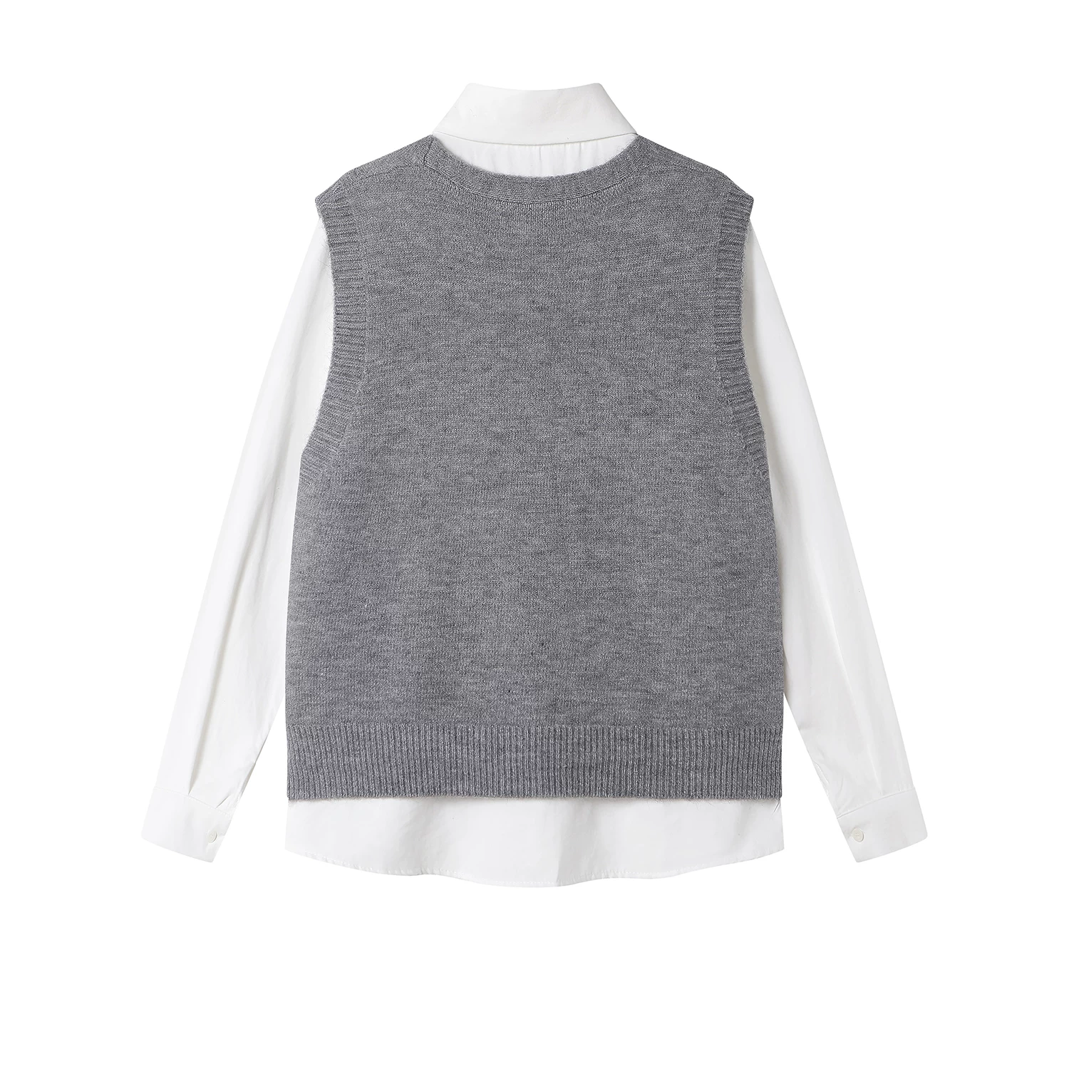 CuteGirl phong cách preppy áo vest dệt kim thêu nơ màu xám dành cho nữ mùa xuân áo sơ mi dài tay xếp lớp bộ hai món