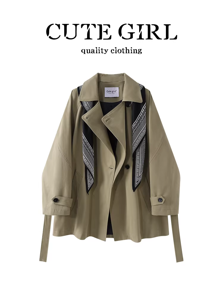Áo khoác dài hai hàng khuy phong cách Hàn Quốc có khăn quàng cổ, áo khoác dài trung bình có ve áo cao cấp mùa thu dành cho nữ