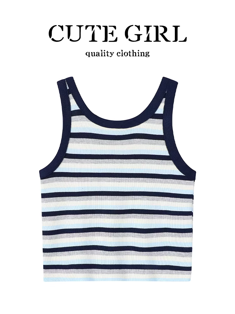 Áo yếm dệt kim sọc màu dopamine phong cách Hàn Quốc dành cho nữ, áo ngắn ôm sát mùa hè