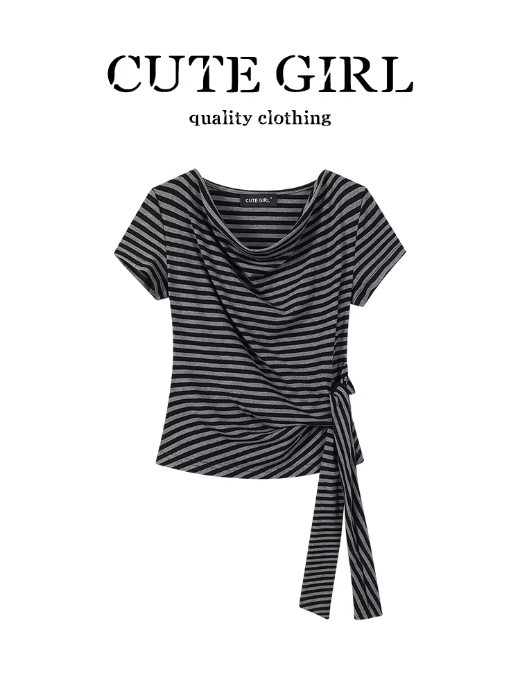 Áo thun ngắn tay lệch vai sọc độc đáo và sành điệu của CuteGirl dành cho nữ, hoàn hảo cho mùa hè, với thiết kế thắt eo đẹp mắt và có tác dụng làm thon gọn.