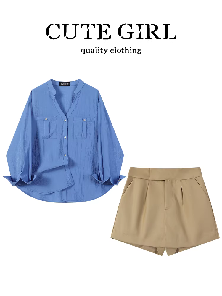 CuteGirl Trang phục thời trang phong cách old money Hàn Quốc dành cho nữ, áo sơ mi dài tay đi làm màu xanh mùa hè, quần váy lưng cao đa năng, bộ hai mảnh
