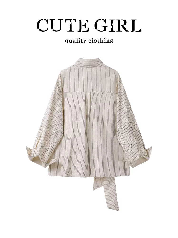 Áo sơ mi dài tay có dây buộc eo kiểu cổ điển Hàn Quốc dành cho nữ, thiết kế mùa thu, áo sơ mi dáng rộng và đa năng