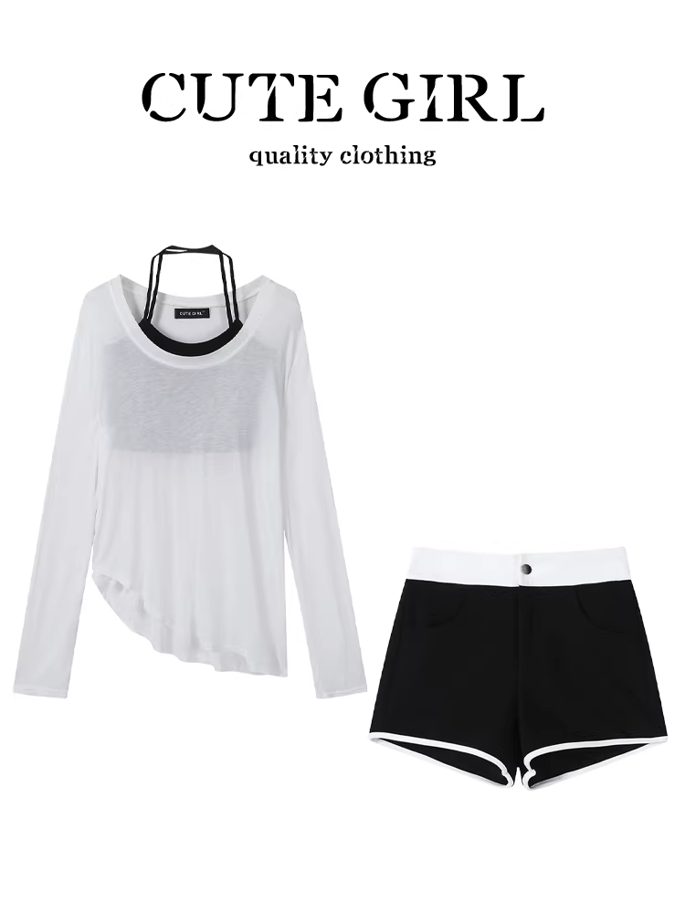 CuteGirl thuần khiết khao khát cô gái gợi cảm gợi cảm Áo thun chống nắng che chắn mùa hè dành cho nữ áo vest cổ yếm quần short thể thao bộ ba món
