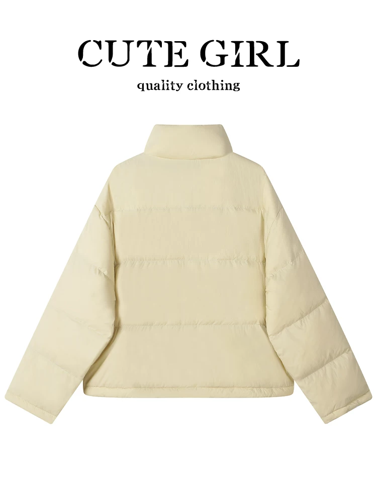 Áo khoác ngắn cổ đứng màu vàng kem phong cách dễ thương dành cho nữ trong mùa thu đông, áo khoác cotton rộng rãi và đa năng dành cho người có vóc dáng nhỏ nhắn.