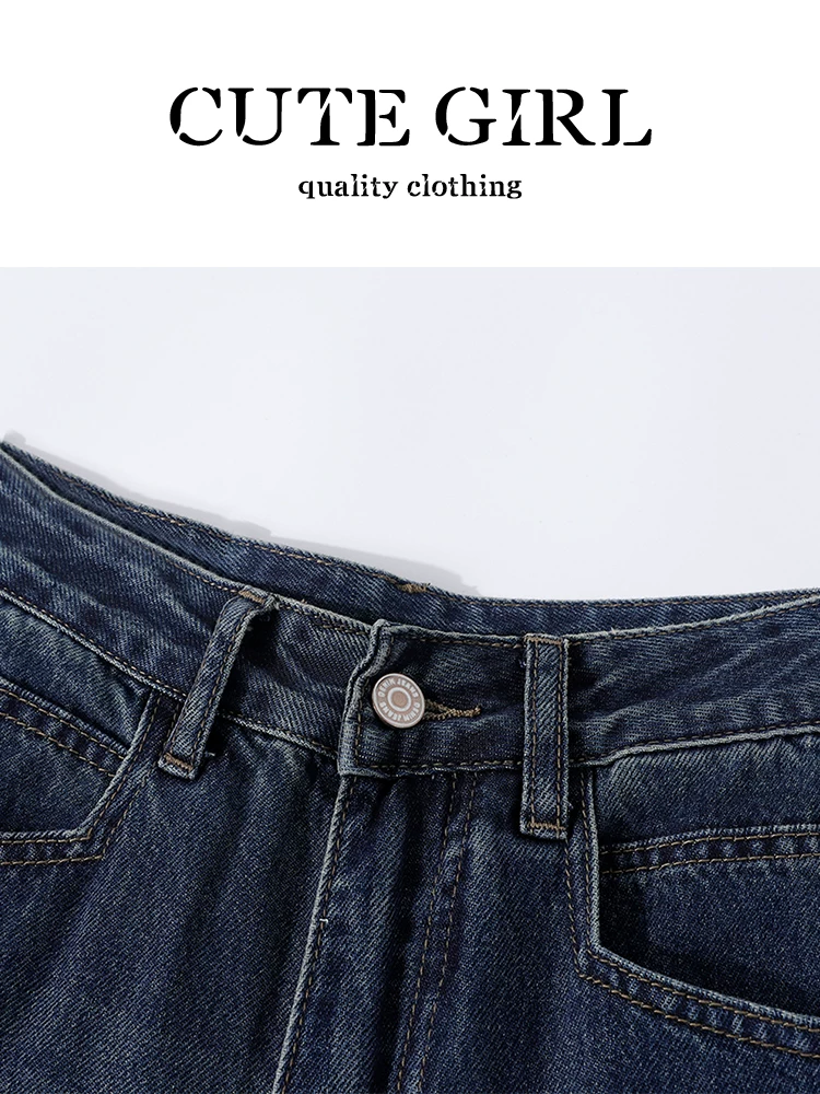 Bộ trang phục giảm tuổi tác CuteGirl dành cho nữ, áo len dài tay in họa tiết màu đen mùa thu và quần denim ống rộng hai mảnh
