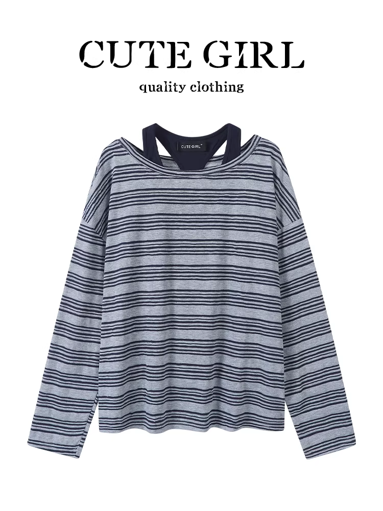 CuteGirl phong cách Hàn Quốc Áo thun dài tay sọc lệch vai ngọt ngào và cay cay phối áo hai dây Bộ đồ hai mảnh cho mùa thu