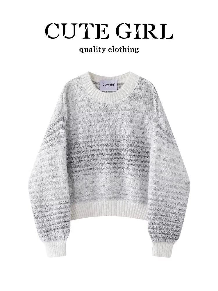 Áo len cổ tròn sọc gradient thiết kế CuteGirl dành cho nữ, mùa thu đông, kiểu dáng thời trang, dáng rộng, đa năng, áo dệt kim mềm mại
