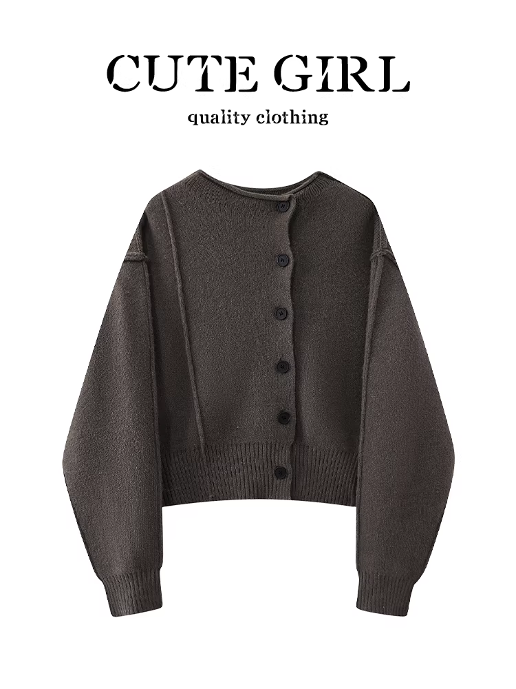 Áo dệt kim một hàng khuy màu nâu sẫm phong cách Pháp của CuteGirl dành cho nữ trong mùa thu đông, áo dệt kim rộng rãi và đa năng cao cấp