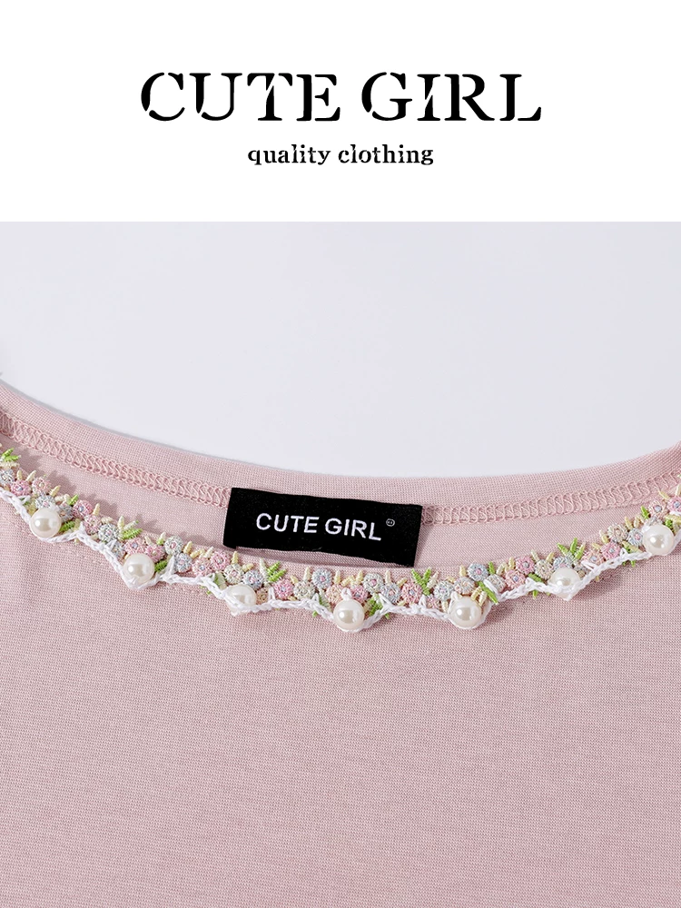Thiết kế độc đáo của CuteGirl, áo thun ngắn tay thắt nơ bất đối xứng dành cho nữ, áo thêu đính cườm độc đáo và lộng lẫy mùa hè.