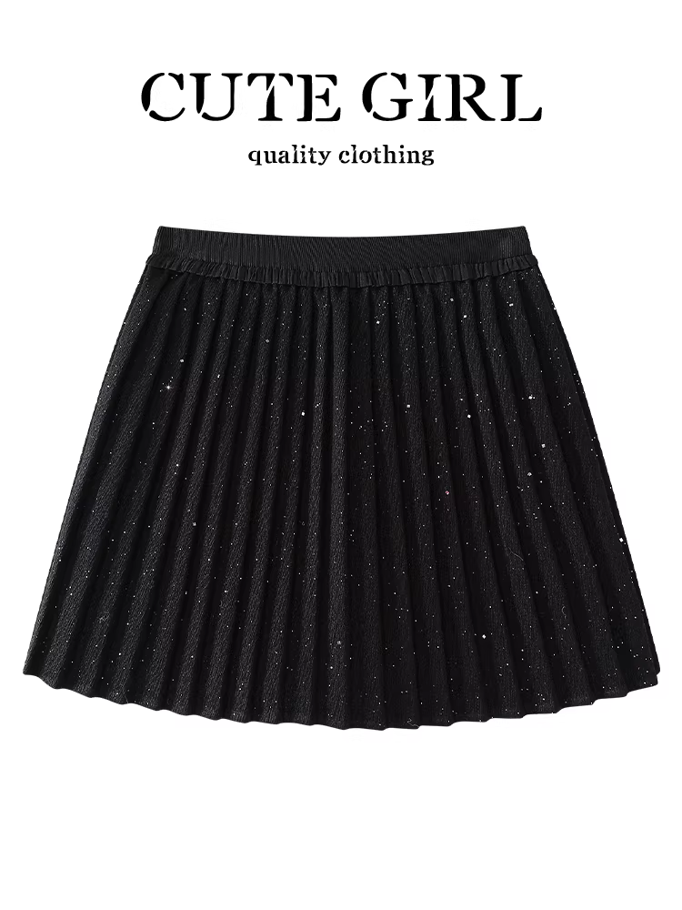 Váy len sequin nhỏ nhắn màu đen dễ thương dành cho nữ, váy xếp ly eo cao thanh lịch mùa đông