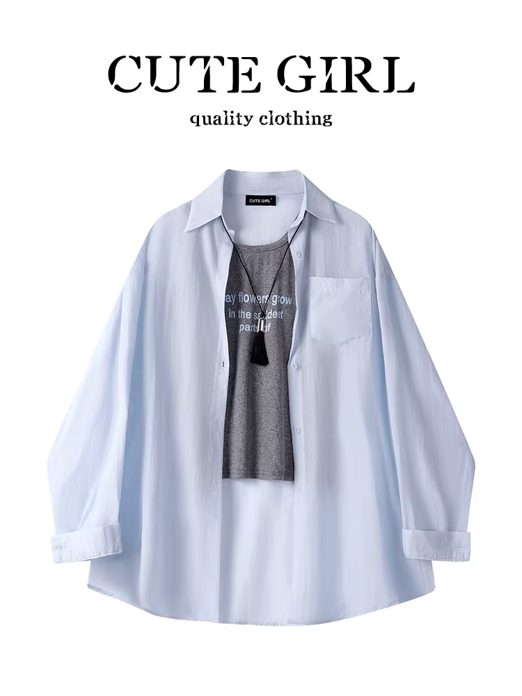 CuteGirl phong cách Hàn Quốc giản dị đơn giản áo chống nắng màu xanh dành cho nữ mặc mùa hè bên trong in chữ áo yếm hai mảnh
