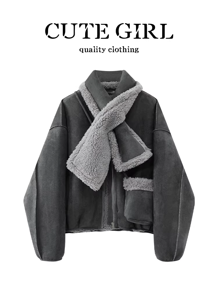 Áo khoác da lộn len cừu màu xám cao cấp CuteGirl dành cho nữ, mùa thu đông, áo khoác dày dặn, thanh lịch, rộng rãi, đa năng