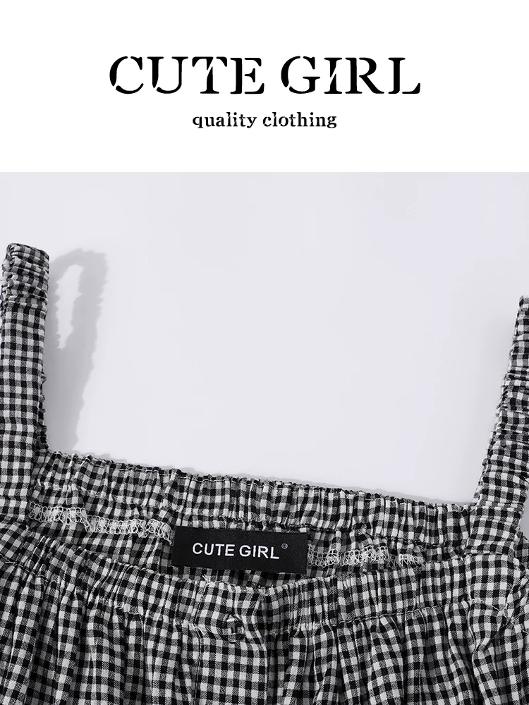 Bộ trang phục hoàn chỉnh phong cách CuteGirl ootd dành cho nữ mùa hè áo yếm kẻ sọc quần ống rộng màu trắng Bộ hai món