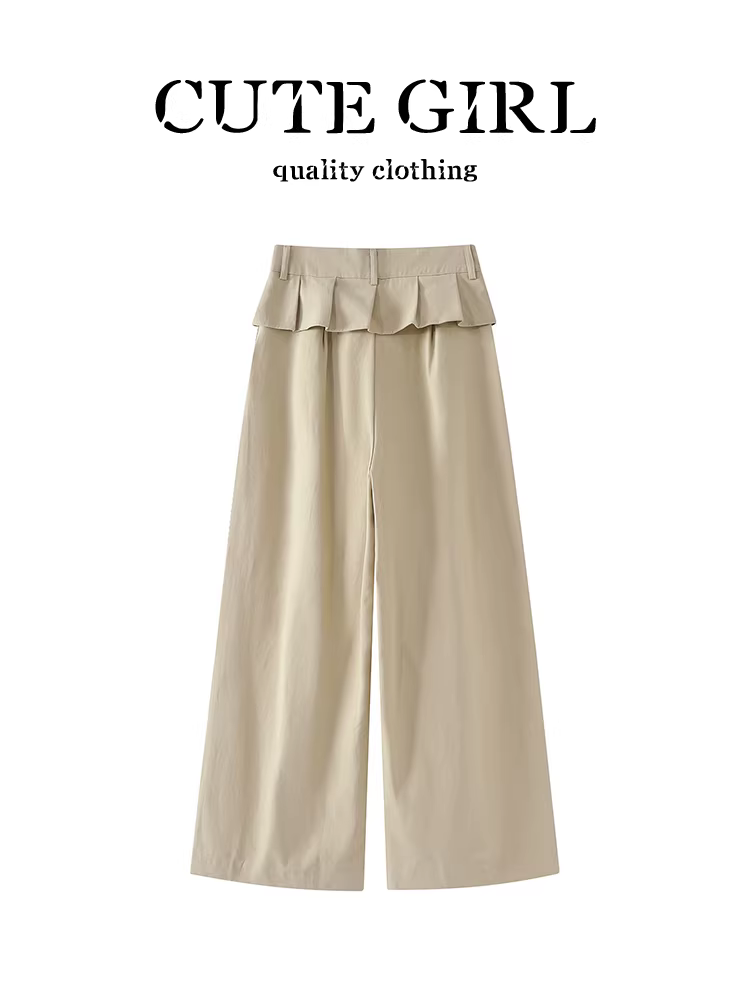 Quần âu dáng thẳng cổ điển kiểu Mỹ có ren dành cho nữ, phong cách mùa thu, cạp cao, tôn dáng, quần ống rộng mềm mại