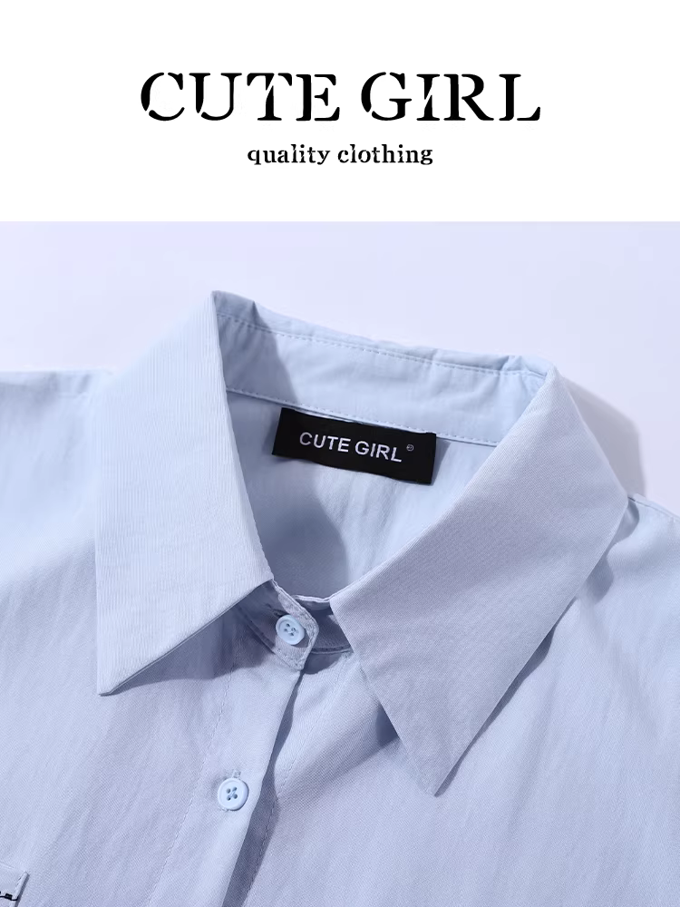 Áo sơ mi cổ polo màu xanh phong cách Hàn Quốc có khăn choàng cổ dành cho nữ, thiết kế mùa thu, áo sơ mi dáng rộng đa năng