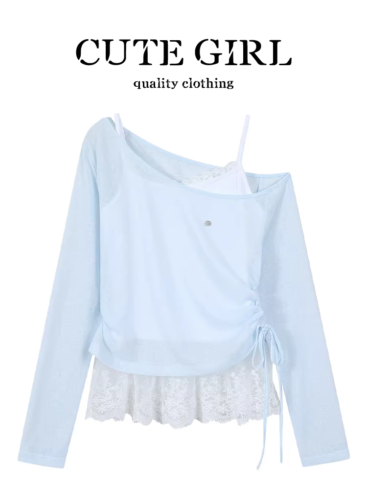 Áo camisole ren phong cách thuần khiết của CuteGirl dành cho nữ, bộ hai mảnh áo khoác len chống nắng phối ren xếp lớp mùa hè