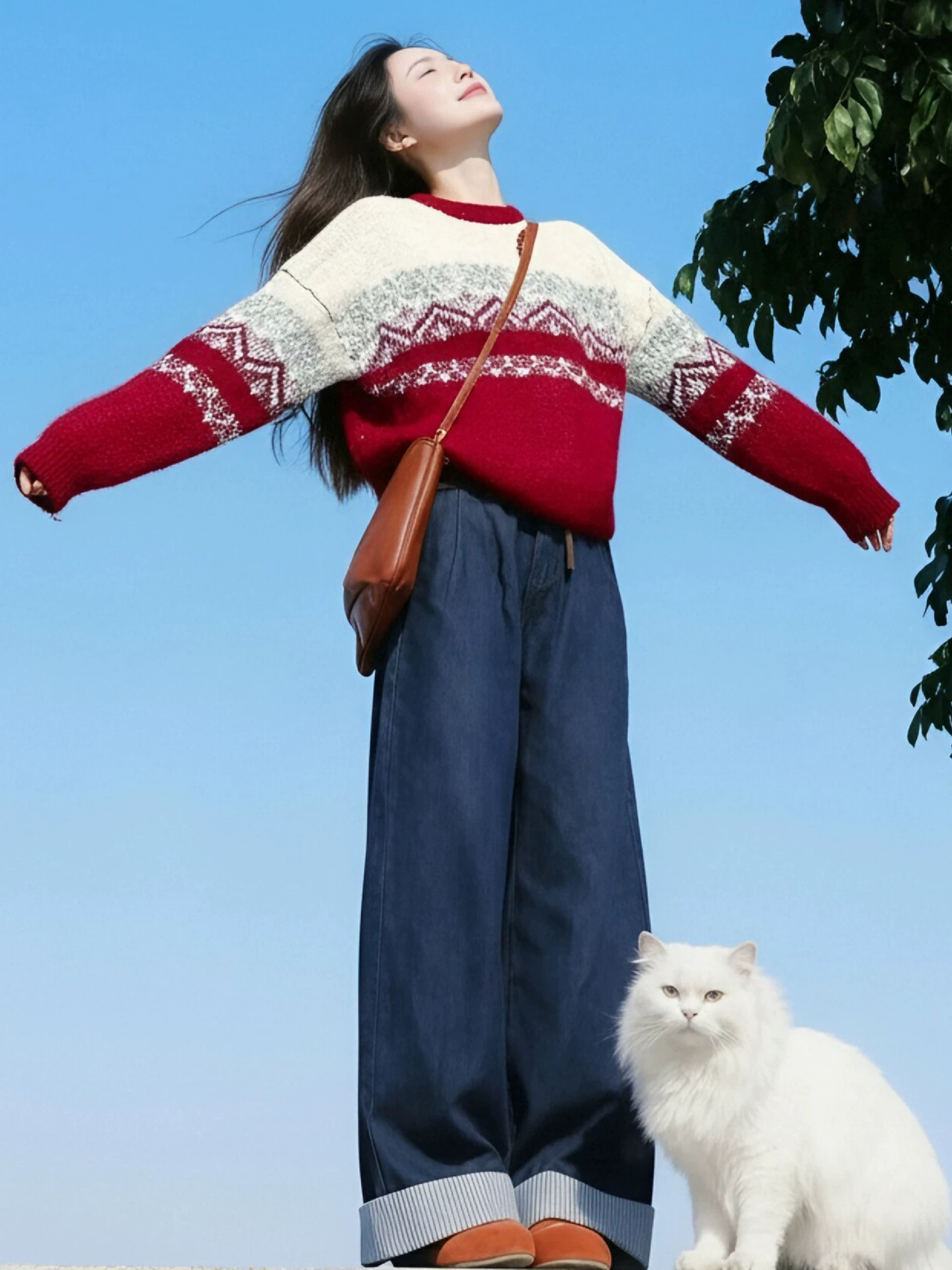 Áo len cổ tròn màu đỏ không khí Giáng sinh và năm mới của CuteGirl Fair Isle dành cho nữ, đồ dệt kim đa năng theo phong cách cổ điển mùa đông