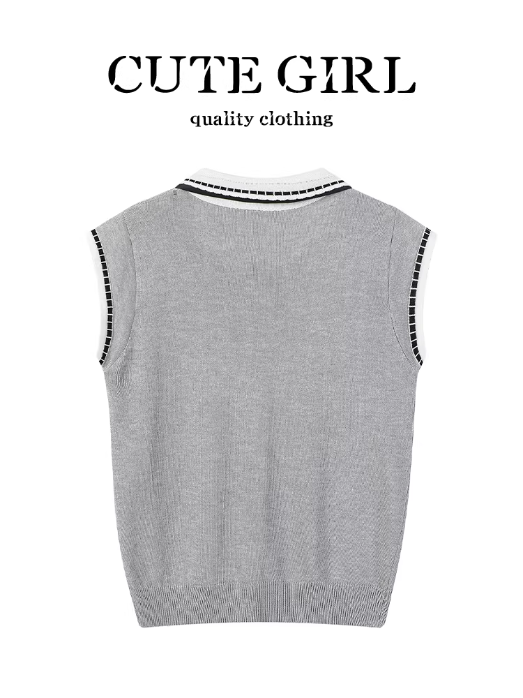 Áo dệt kim phối màu xám cao cấp phong cách Pháp có khăn quàng cổ dành cho nữ, áo không tay bằng lụa băng cổ điển mùa hè