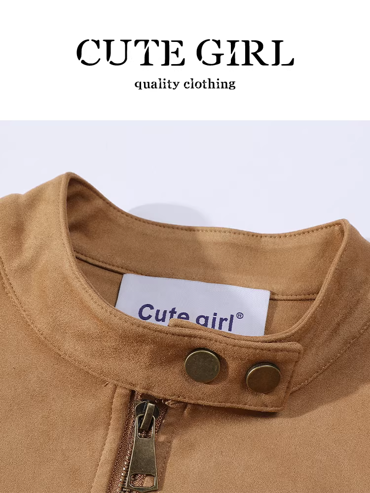 Áo khoác da lộn kaki phong cách Hàn Quốc có túi dành cho nữ, khí chất mùa thu, áo khoác dáng rộng đa năng